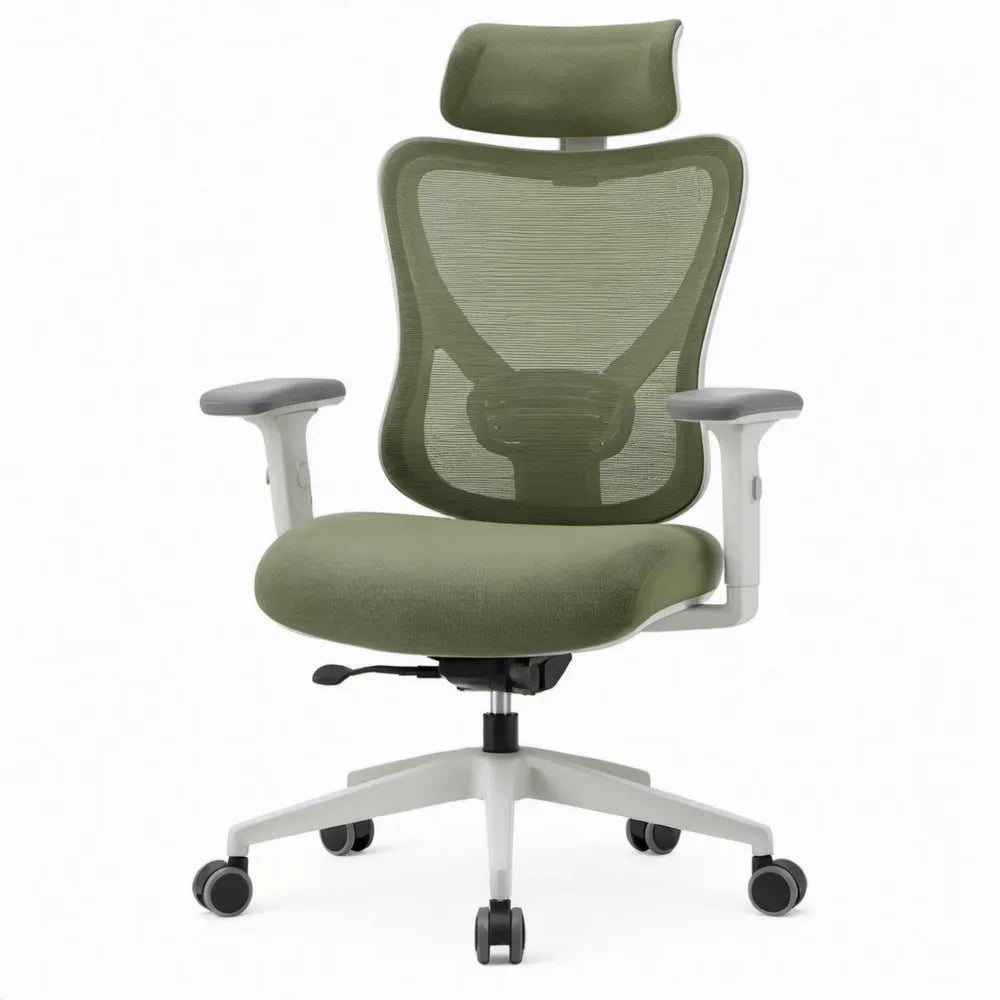 Ergonomische bureaustoel groen/wit/zwart met verstelbare hoofdsteun en armleuningen, 65 x 65 x 116-126 cm