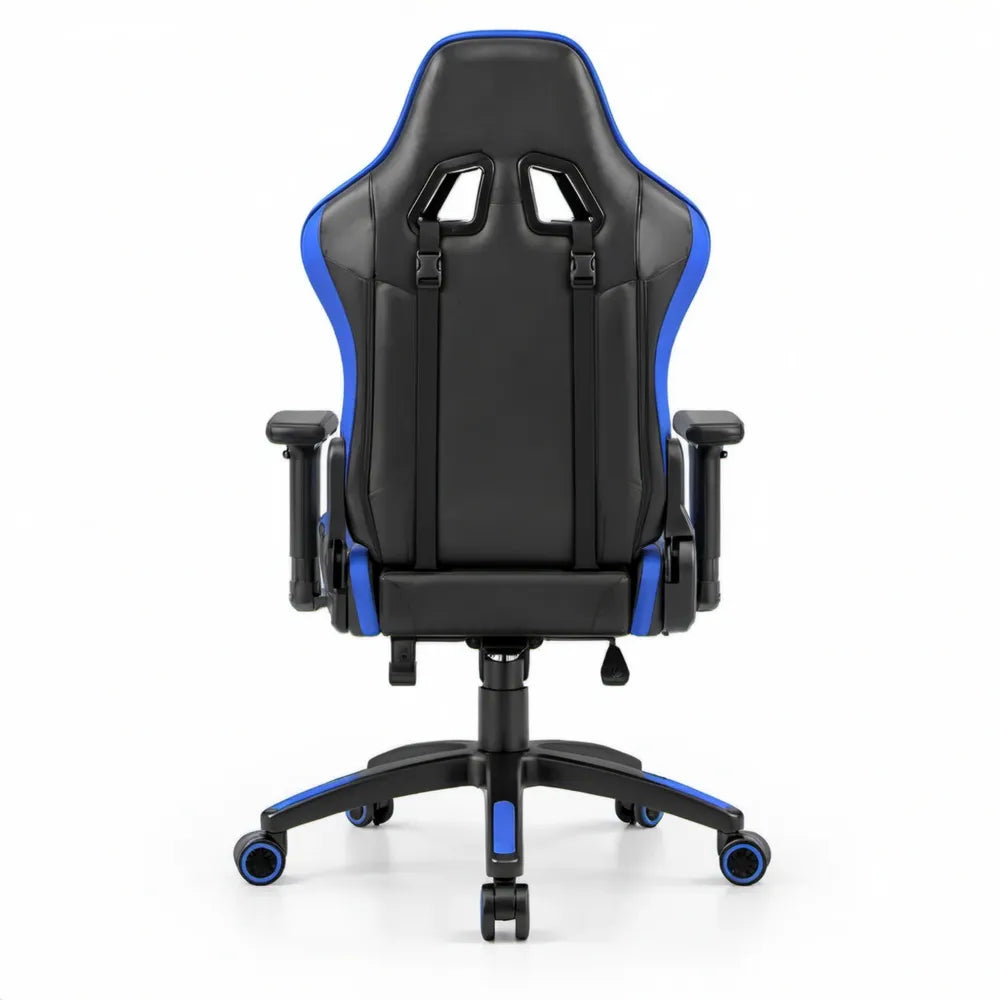 Verstelbare gamingstoel met hoge rugleuning van zwart en blauw PU-kunstleer, 68 x 68 x 124-134 cm