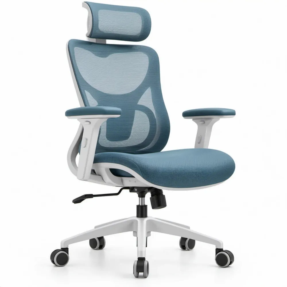 Ergonomische bureaustoel met hoofdsteun en verstelbare armleuningen, blauw/wit/zwart, 66 x 66 x 118-128 cm