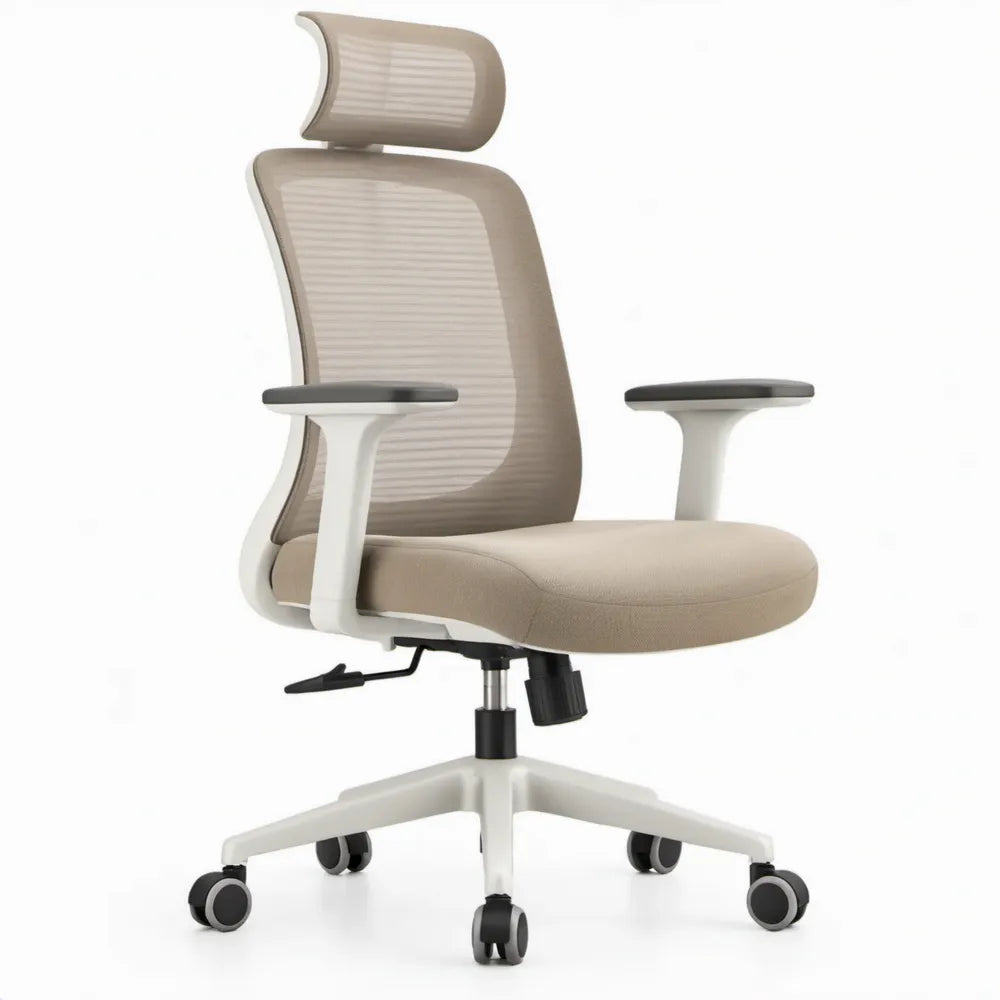 Ergonomische bureaustoel met hoofdsteun en verstelbare zithoogte, 64 x 64 x 114-124 cm, beige/wit/zwart