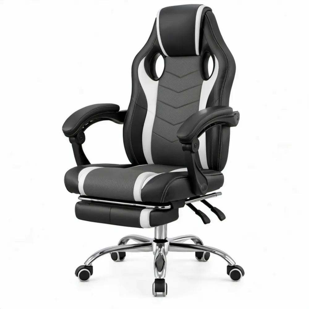 Gamingstoel met uitschuifbare voetensteun, zwart/wit, PU-kunstleer en polyester, 65 x 65 x 120-130 cm