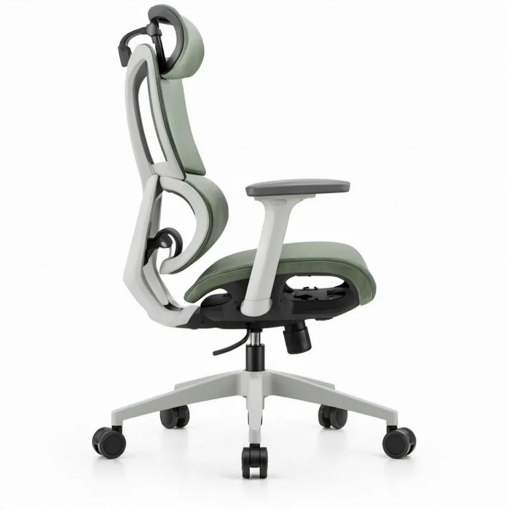 Ergonomische bureaustoel met verstelbare hoofdsteun en lendensteun, groen/grijs/zwart, 68 x 68 x 118-128 cm