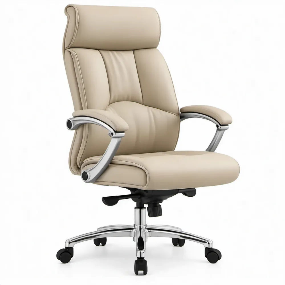 Ergonomische bureaustoel van beige PU-kunstleer met hoge rugleuning, 66 x 70 x 118-128 cm