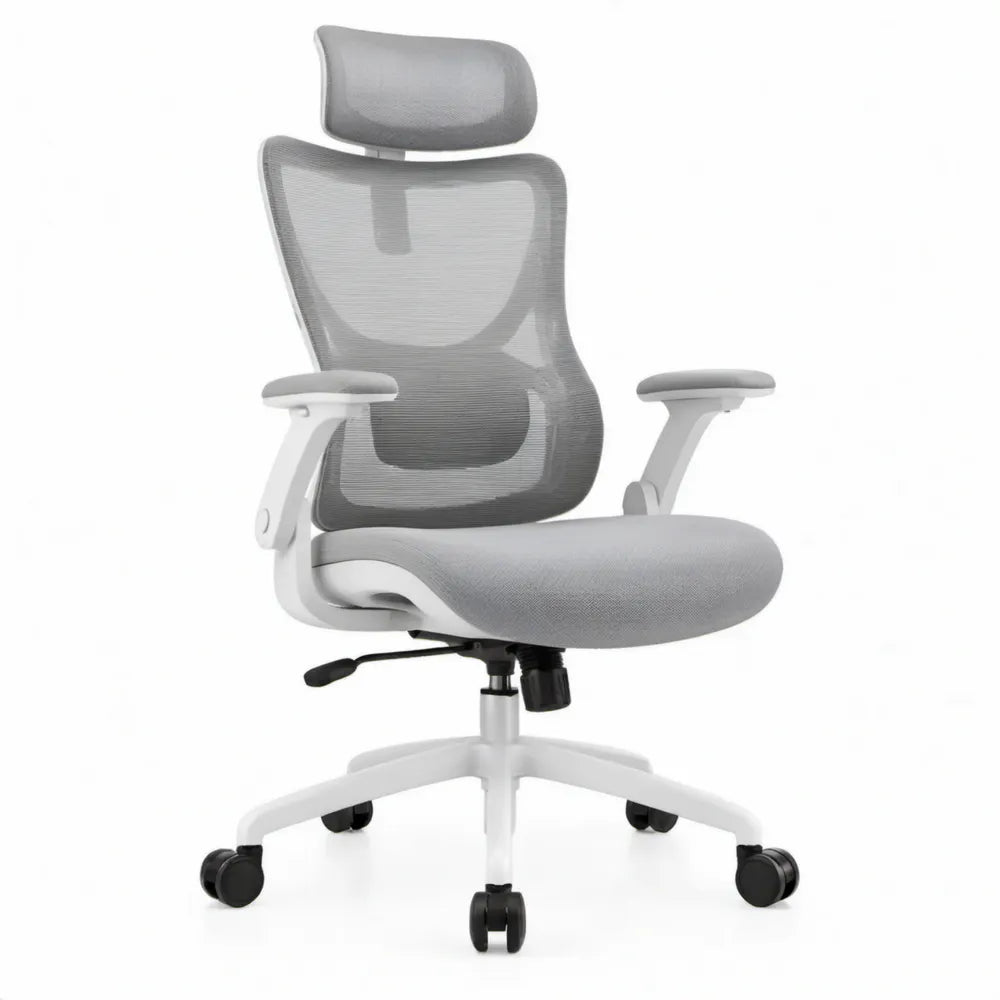 Ergonomische bureaustoel met verstelbare hoofdsteun en lendensteun, grijs/wit/zwart, 64 x 64 x 117-127 cm