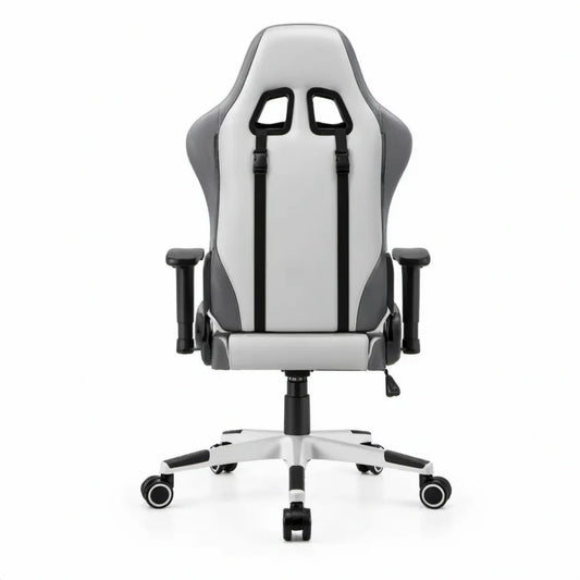 Verstelbare gamestoel met armleuningen van PU-kunstleer – Grijs/Wit/Zwart – 67 x 70 x 122-132 cm