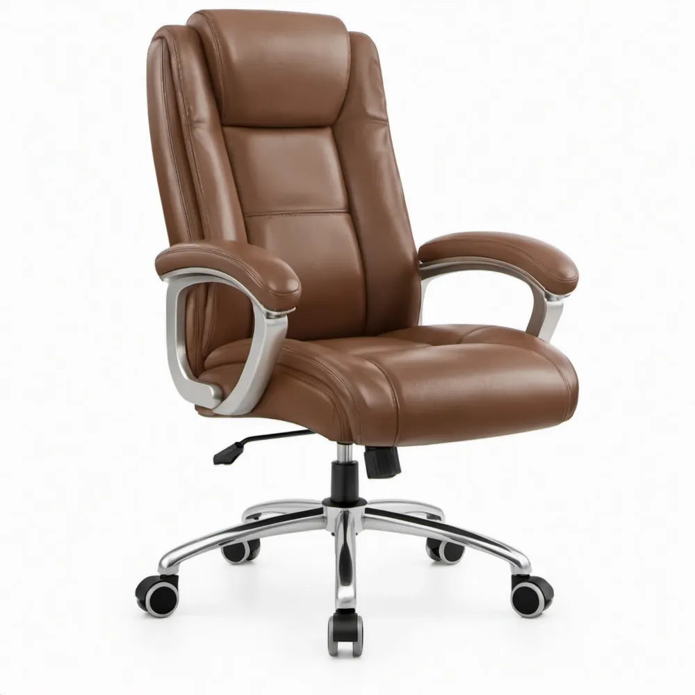 Bruine bureaustoel van PU-kunstleer met hoge rugleuning en armleuningen, 68 x 70 x 112-122 cm