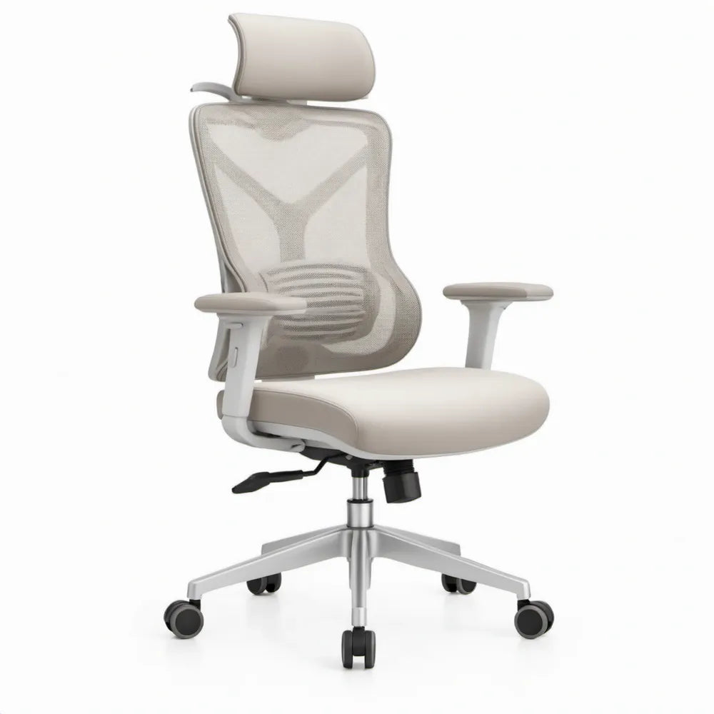 Ergonomische stoel met verstelbare hoofdsteun en lendensteun, beige/lichtgrijs, 66 x 66 x 118-128 cm