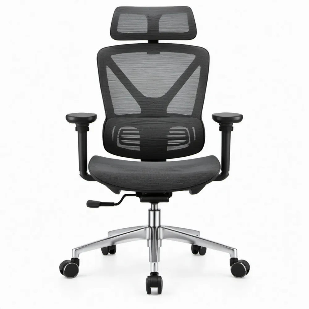 Ergonomische stoel met hoofdsteun en verstelbare armleuningen, zwart/zilver, 64 x 64 x 118-128 cm