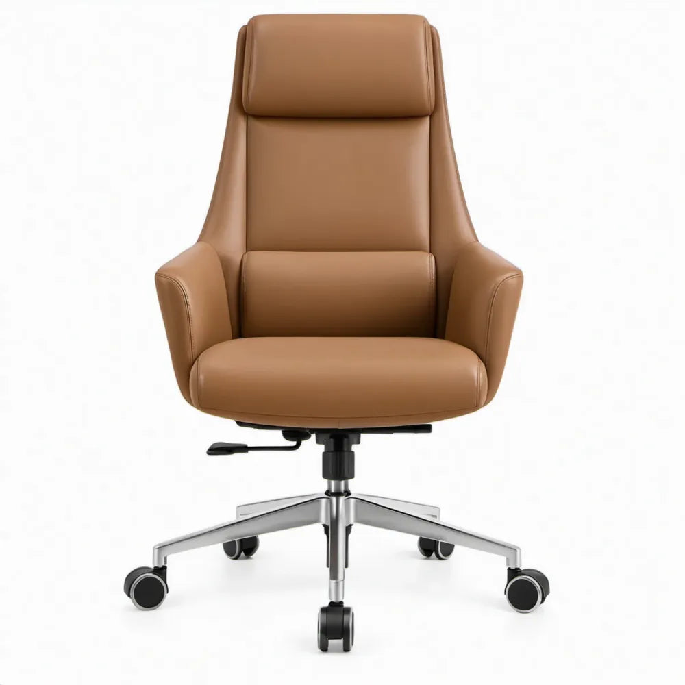 Ergonomische bureaustoel van cognackleurig PU-kunstleer met hoge rugleuning, armleuningen en wieltjes, 68 x 68 x 118-128 cm