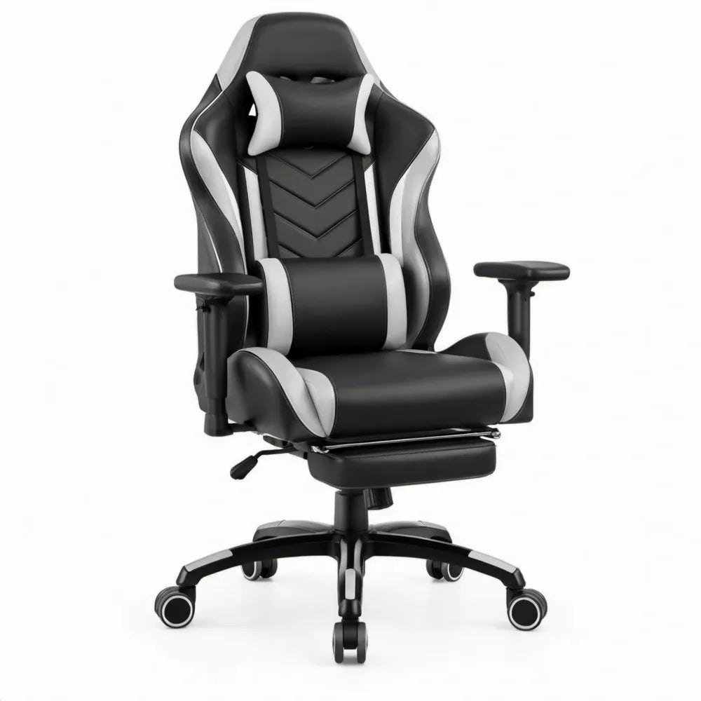 Gamingstoel met uitschuifbare voetensteun, zwart/wit, 65 x 65 x 118-128 cm
