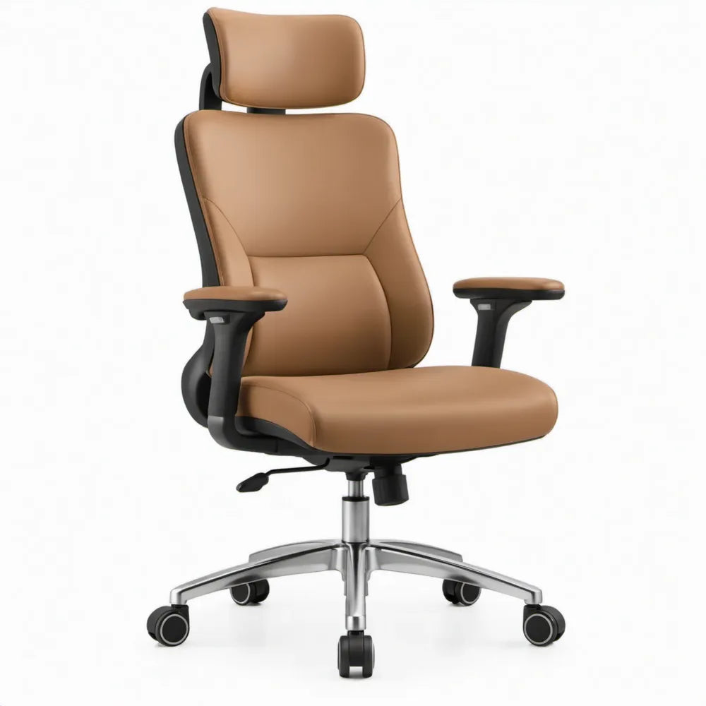 Ergonomische bureaustoel van bruin PU-kunstleer met hoofdsteun, 66 x 70 x 118-128 cm