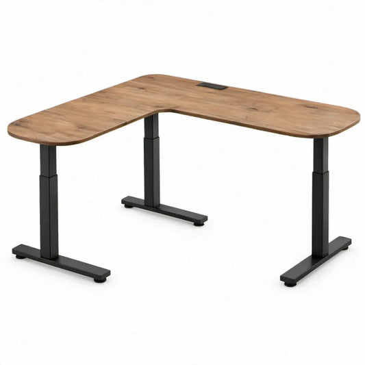 Elektrisch verstelbaar L-vormig hoekbureau 160 x 120 cm, hoogte 72-120 cm, bruin/zwart