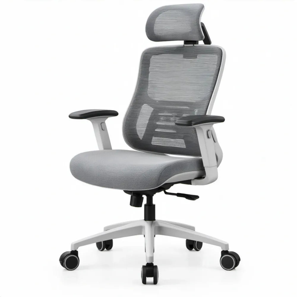 Ergonomische grijze bureaustoel met hoofdsteun, verstelbare armleuningen en wielen, 64 x 64 x 118-128 cm