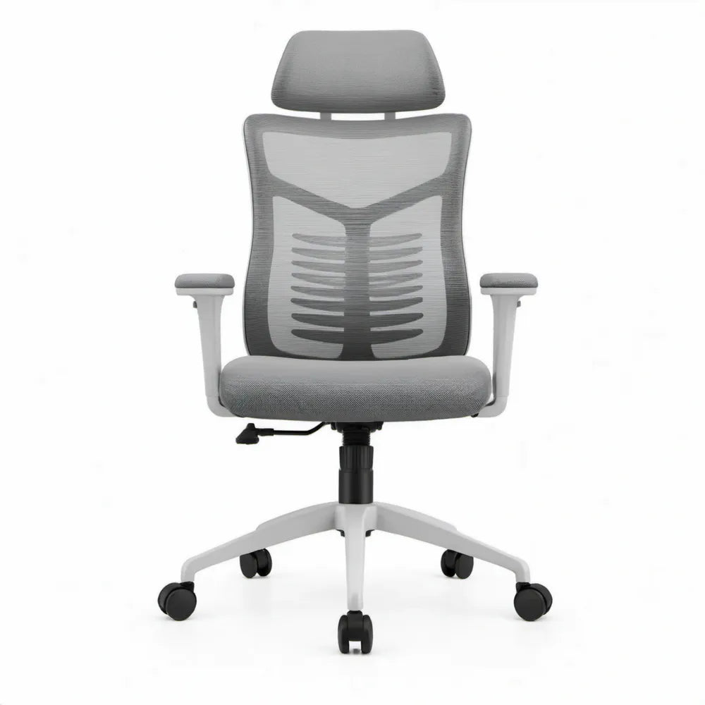 Ergonomische bureaustoel met hoofdsteun en armleuningen, grijs/wit/zwart, 64 x 64 x 116-126 cm