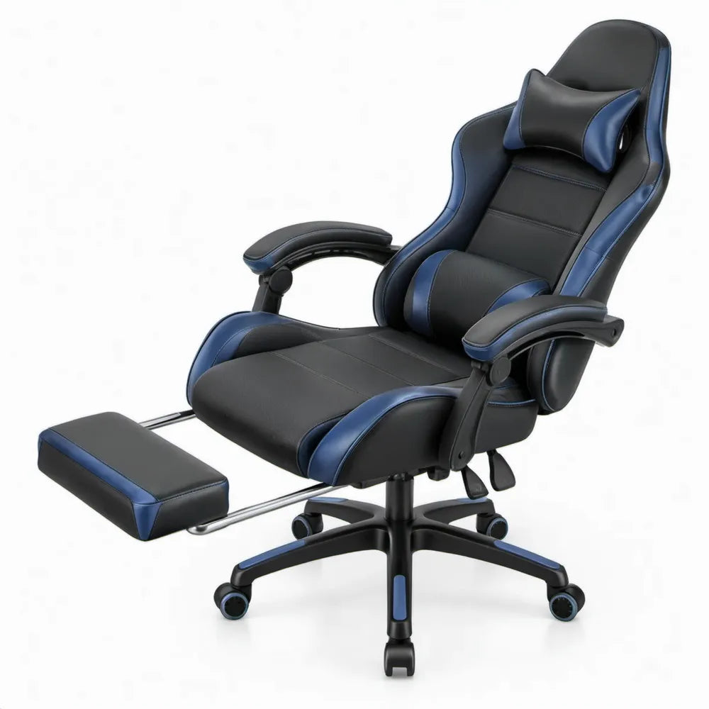 Zwart-blauwe gamingstoel van PU-kunstleer met uitschuifbare voetensteun, 68 x 68 x 120-130 cm
