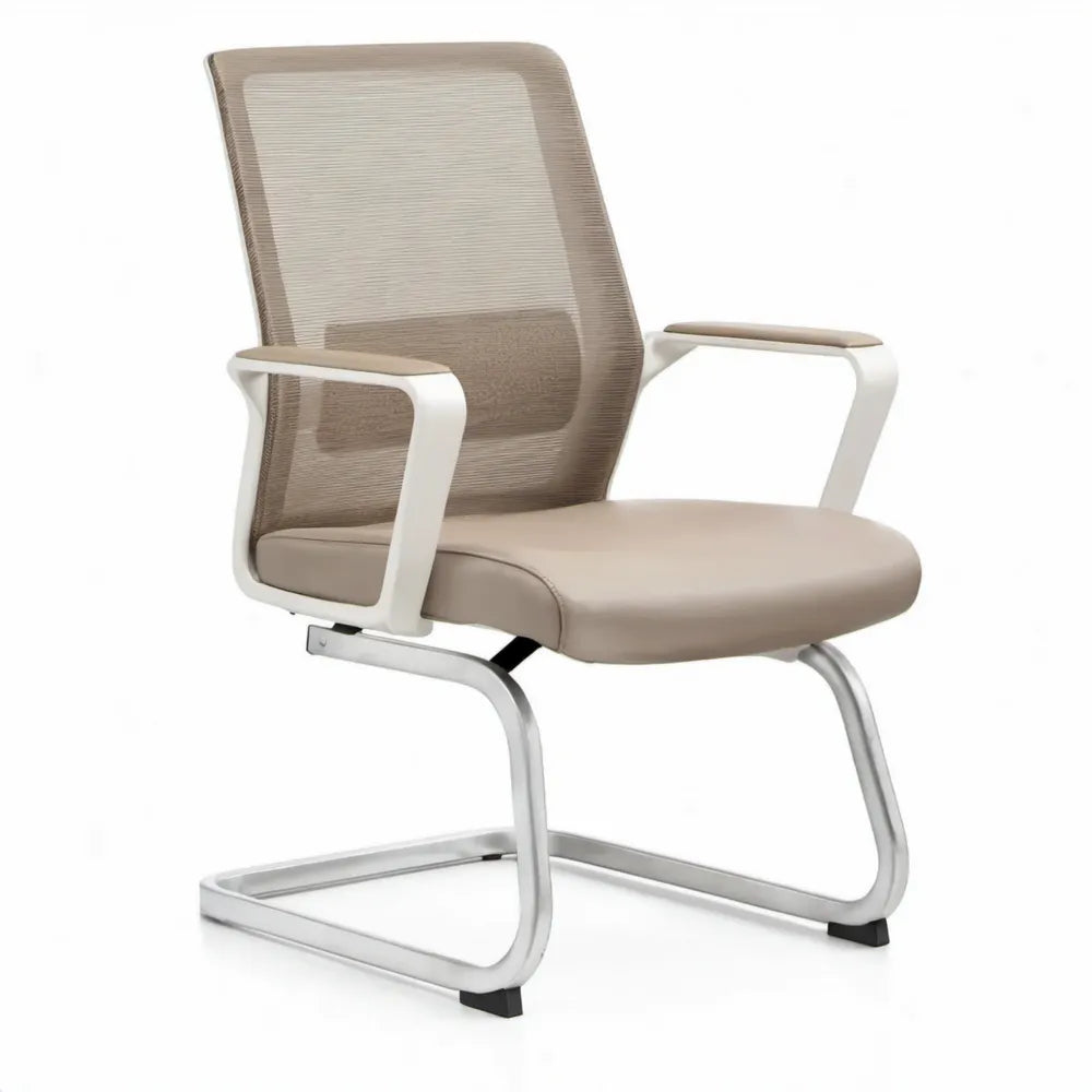 Vergaderstoel met armleuningen, sledeframe en lendensteun – 60 x 64 x 100 cm – Taupe/Wit/Zilver